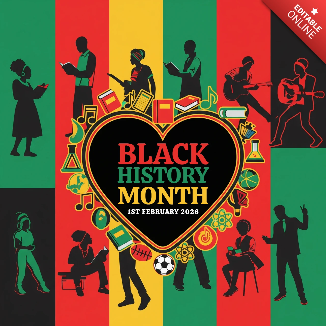 Pôster cultural do mês da história negra de 2026 com um coração central, tipografia em negrito e silhuetas representando música, ciência, educação e comunidade.