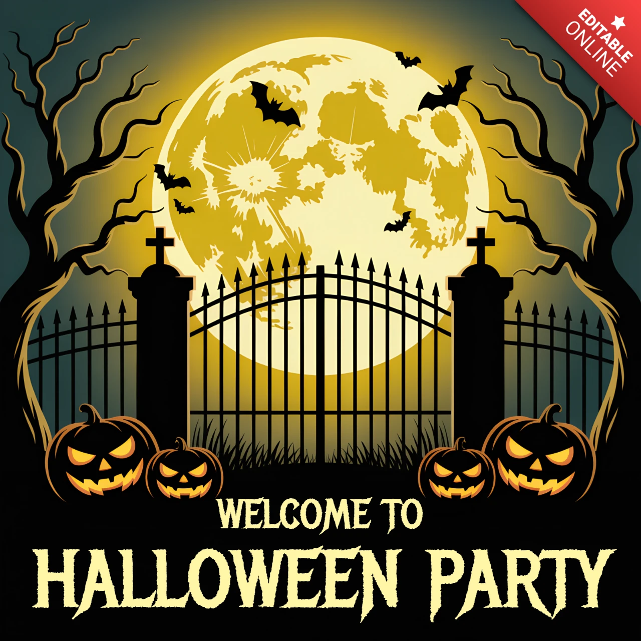 Modelo de design de festa de Halloween assustadora com lua e abóboras para panfletos