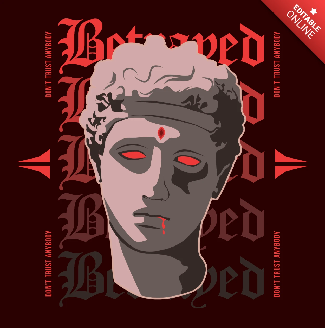 Modello di design artistico scuro che presenta una statua tradita per abbigliamento e merchandise