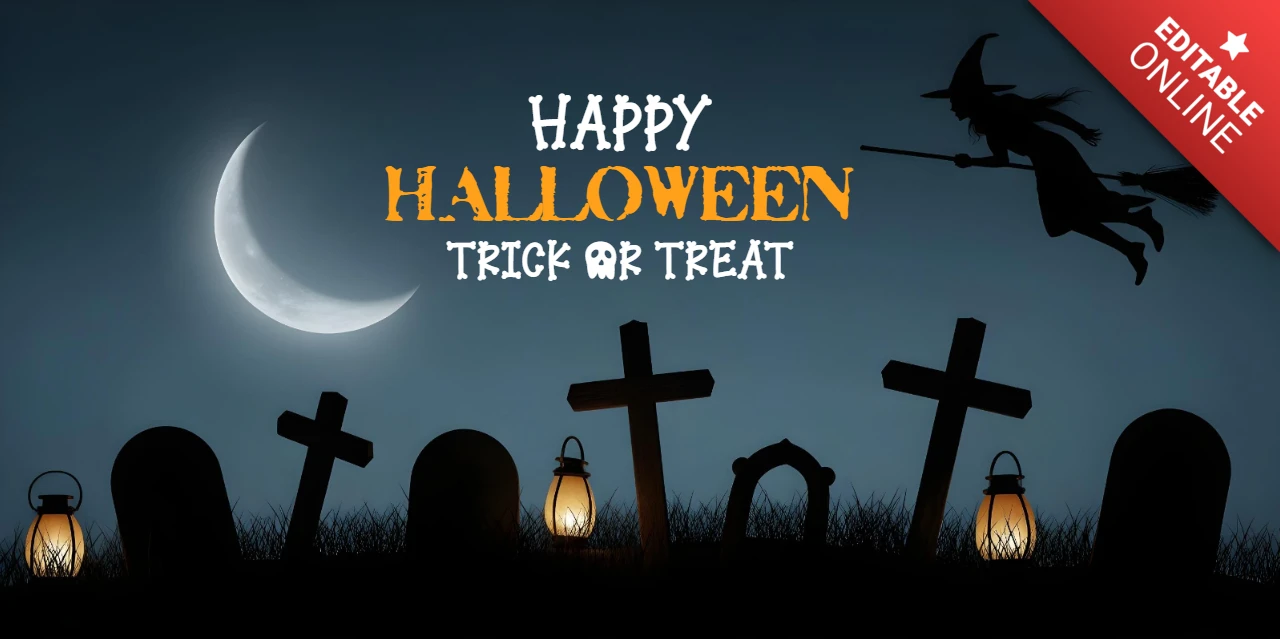 Capa de design para Facebook com cena de cemitério assombrado de Halloween, bruxa, lua e brilho de lanterna