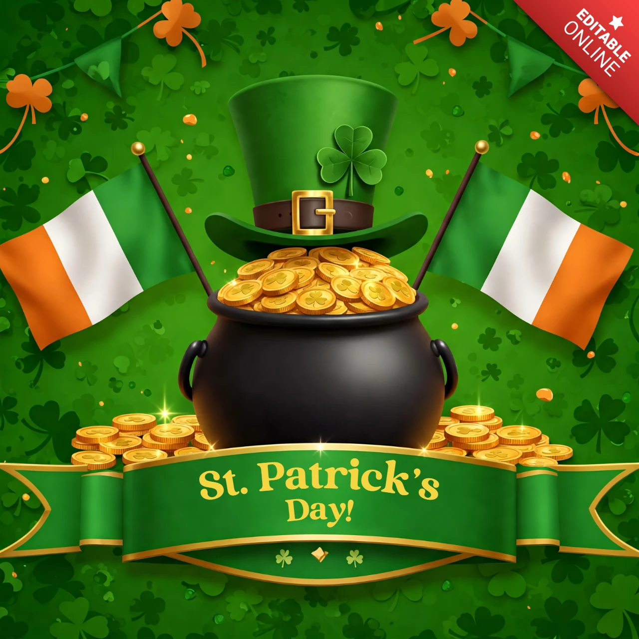 St. Patrick's Day Feier Designvorlage mit Kleeblättern und Goldmünzen