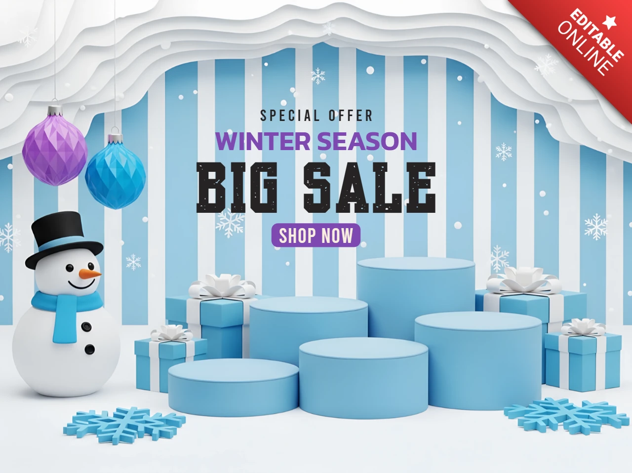 Wintersale-Designvorlage mit Schneemann und Geschenkboxen für Werbeflyer