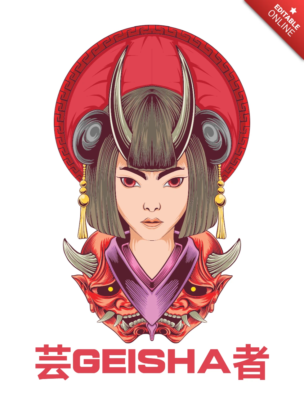 Horned Geisha Demonic Mask Fusion with Bold Japanese T-Shirt Design Template