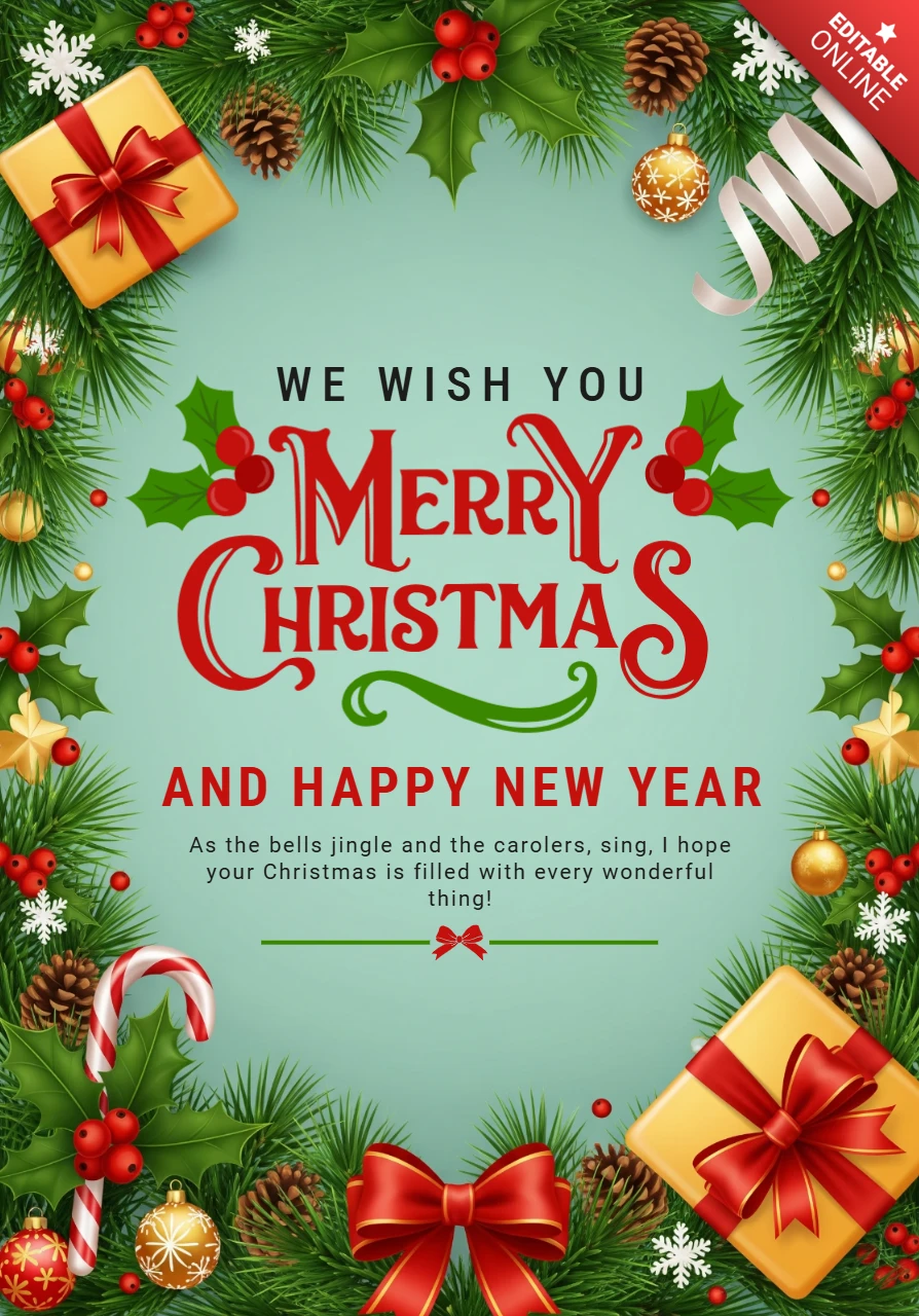 Tarjeta navideña clásica con borde de rama de pino, cajas de regalo y decoraciones festivas alegres.