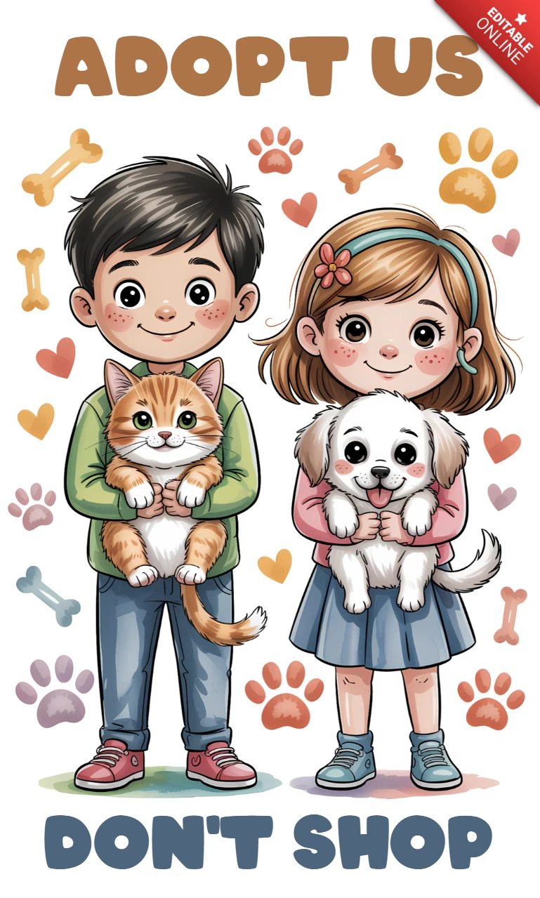 Template de design para adoção divertida apresentando crianças com animais de estimação para panfletos.