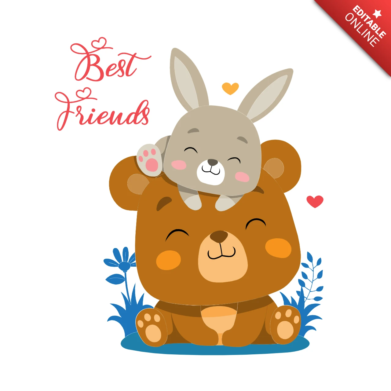 キュートなウサギとクマのイラストがデザインされた親友テンプレート