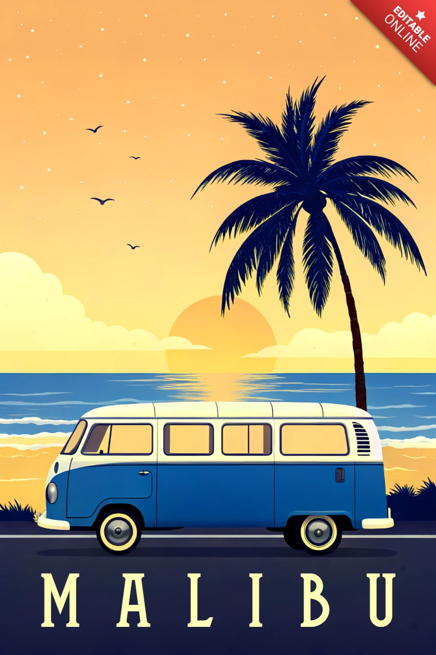 Modèle de design vintage plage avec van vw et palmier pour affiches