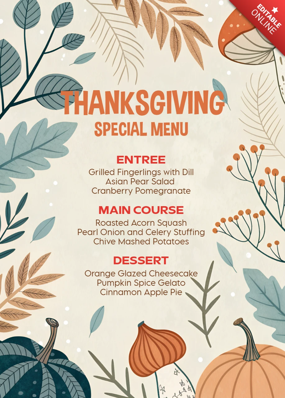 Modelo de design de menu de Ação de Graças com folhas de outono e cogumelos para um jantar festivo