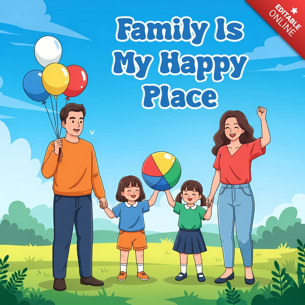 Family Fun Day Design Template for Greeting Cards with Balloons and Playful Illustrations