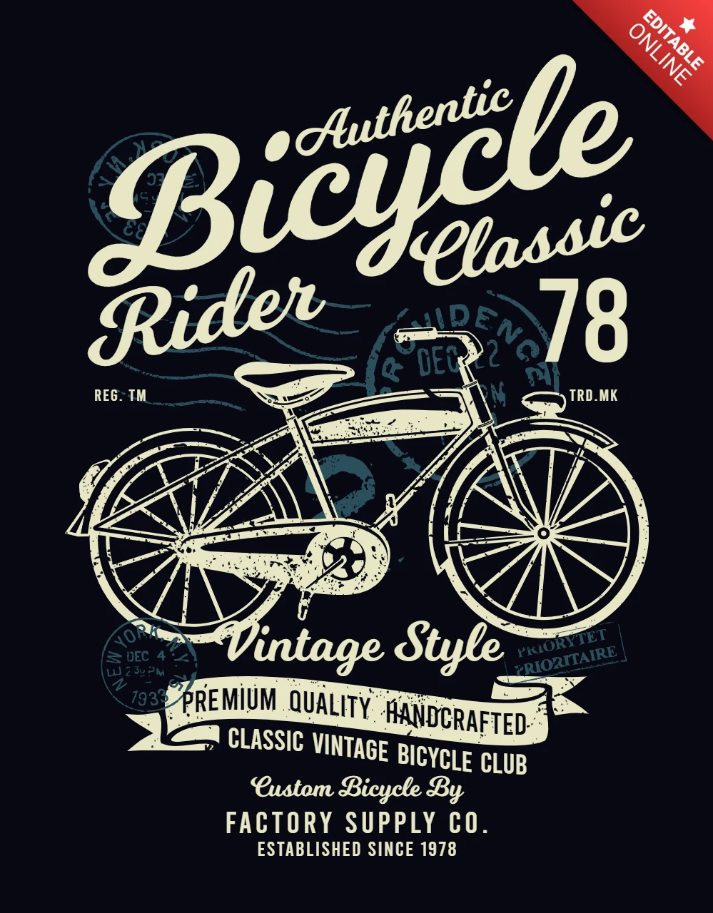 Authentic Bicycle Rider Classic Vintage Style T-Shirt Design Template