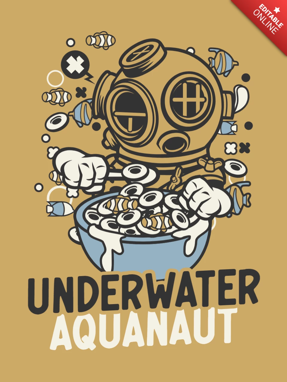 Underwater Aquanaut Cartoon Character T-shirt Design Template