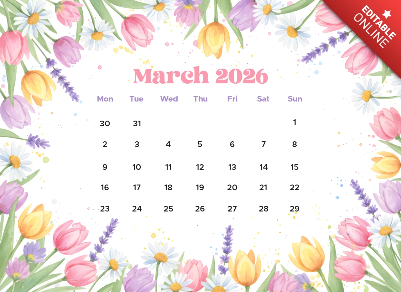 March 2026 Decorative Calendar Poster with Tulips, Daisies, and Spring Blossoms