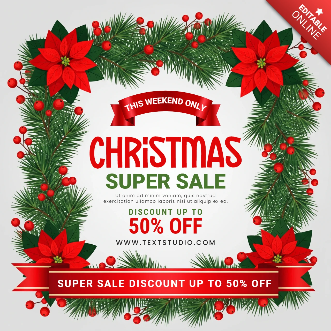Modèle de marketing de Noël affiche de vente sur le thème des fêtes avec des accents rouge-vert et une lueur festive