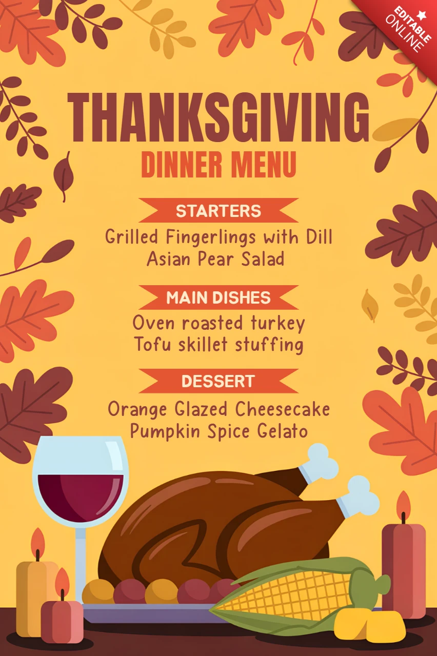 Modèle de menu de dîner de Thanksgiving dans un style d'illustration fantaisiste pour la planification d'événements festifs