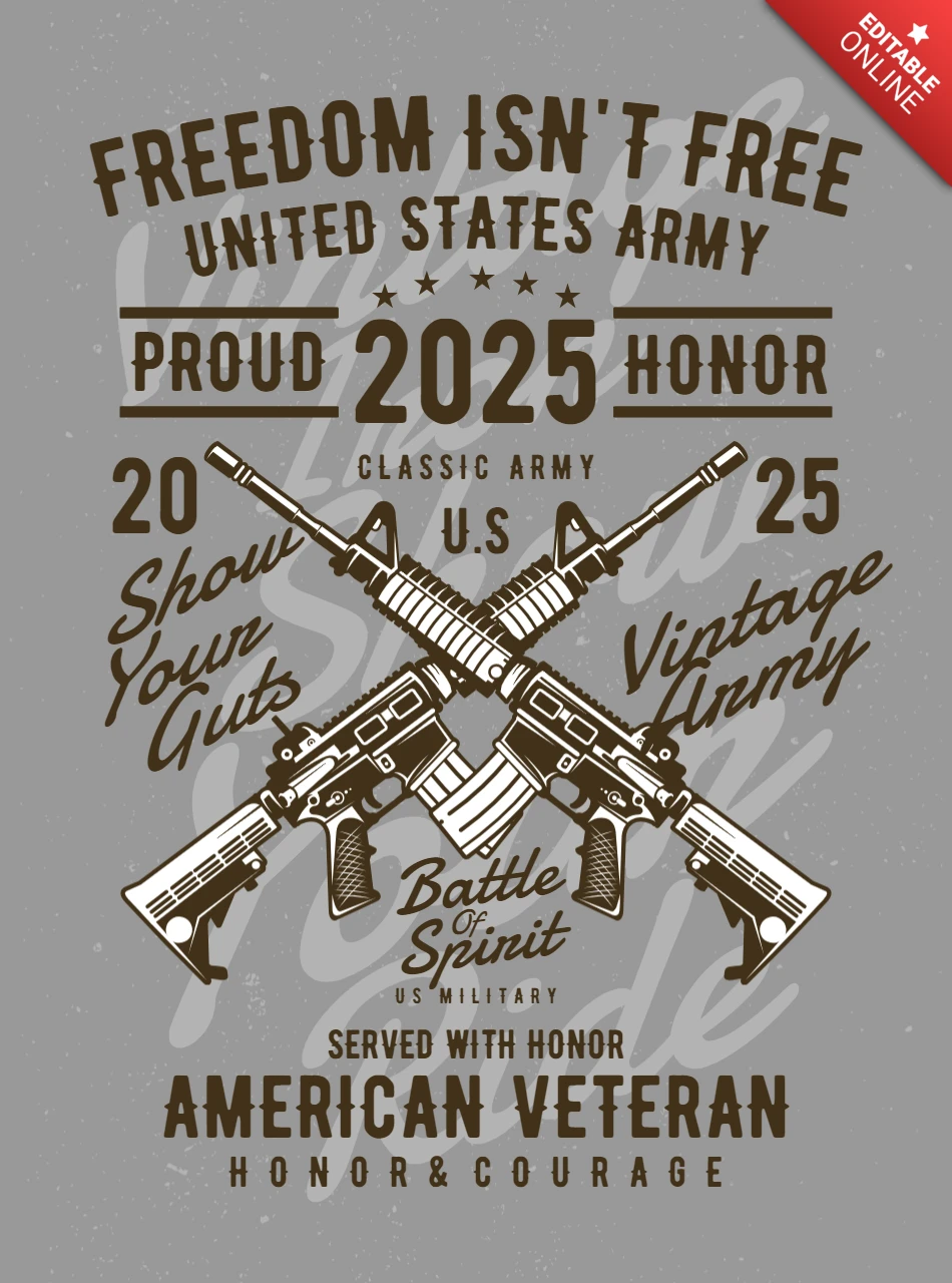 Modelo de design de camiseta vintage com arma do exército
