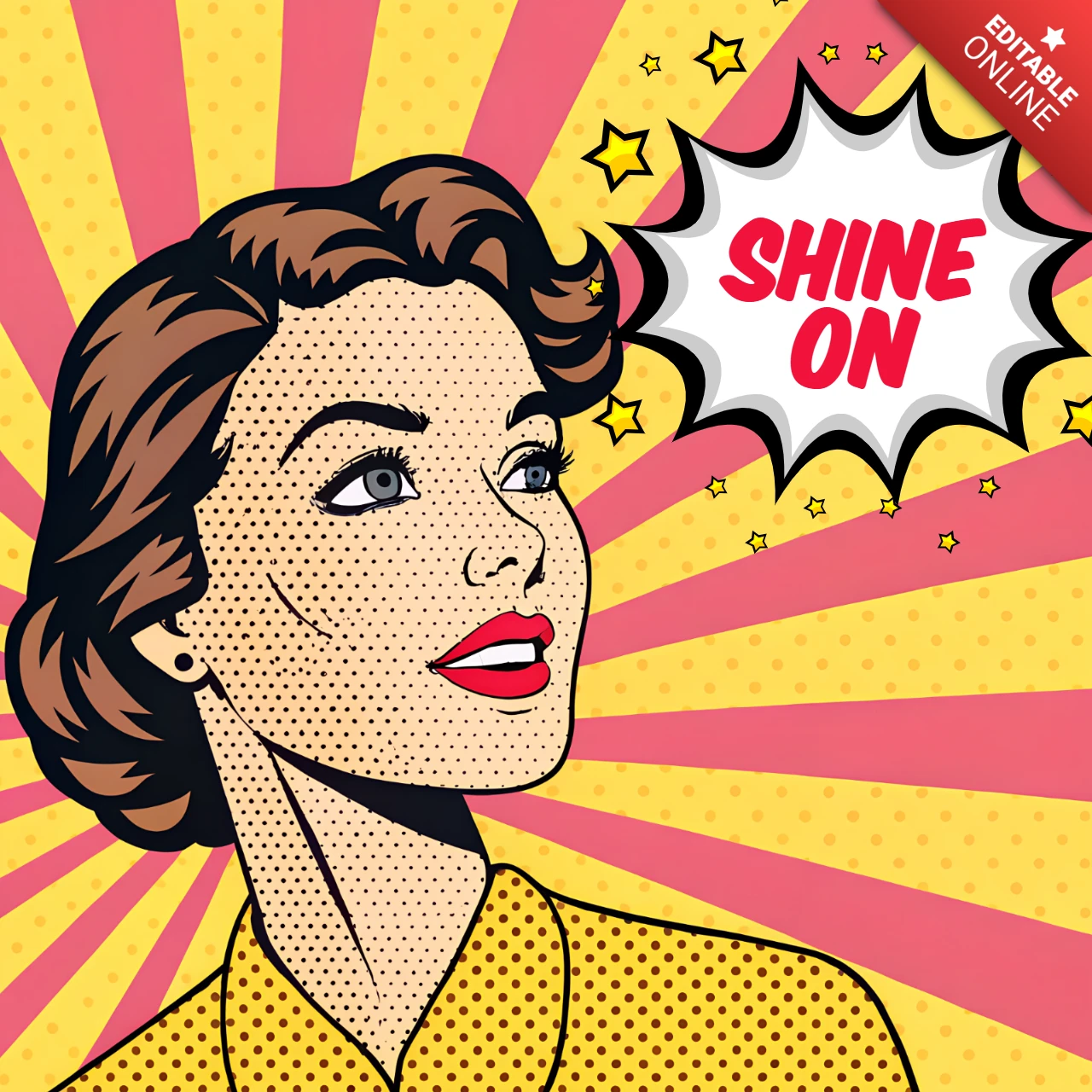 Template de design pop art com mulher retrô e brilho na citação para pôsteres