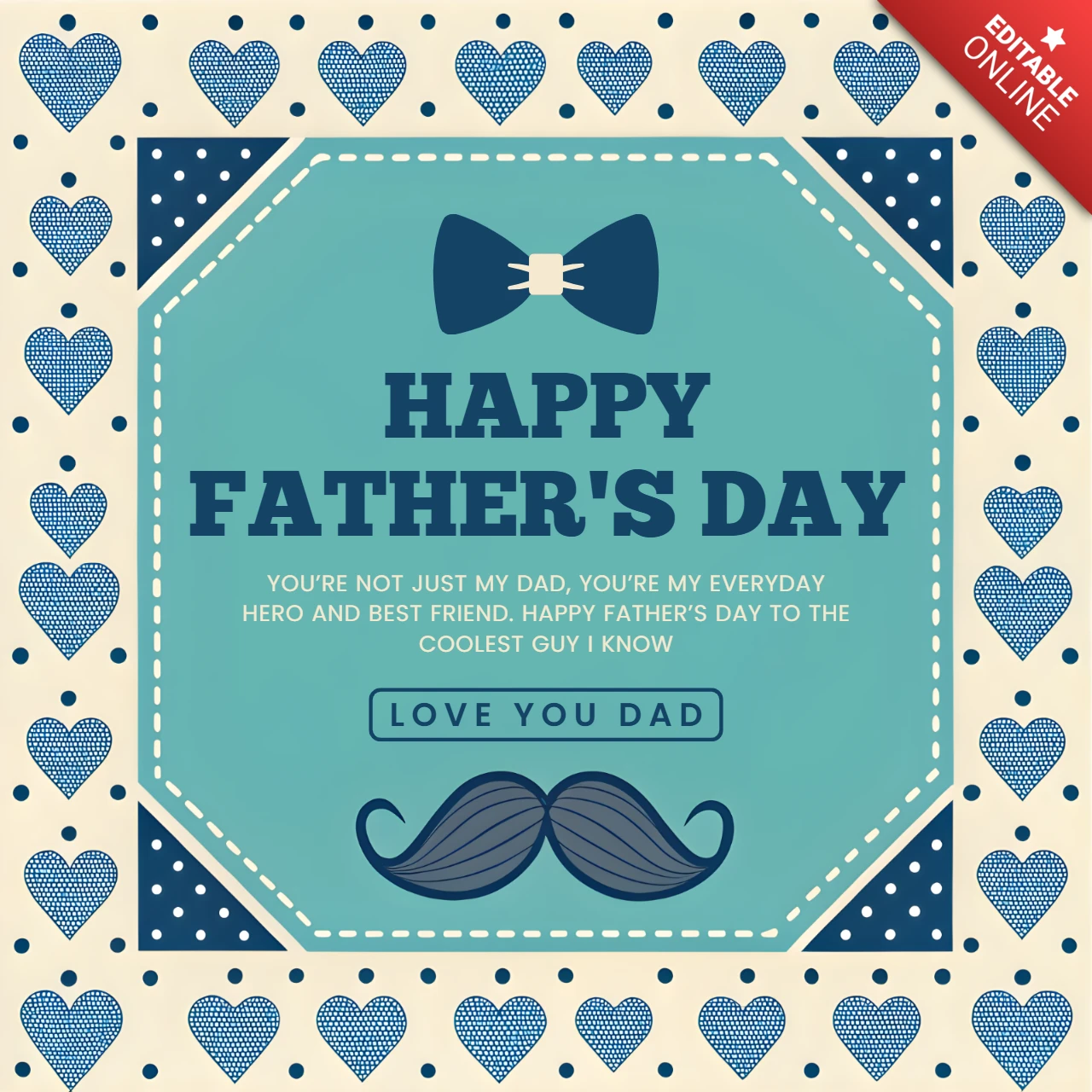 Father's Day Greeting Card Template with Mustache and Heart Design