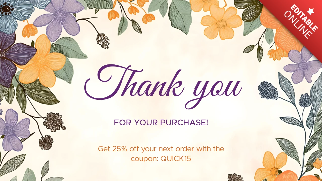 Floral Thank You Card with Purple and Orange Flowers Design Template