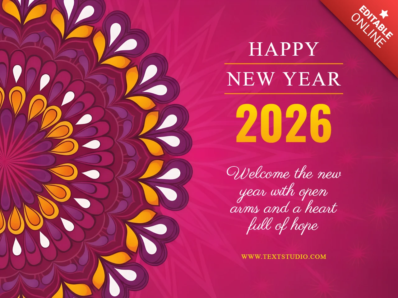Colorful Mandala Design Template for New Year Greeting Card 2026