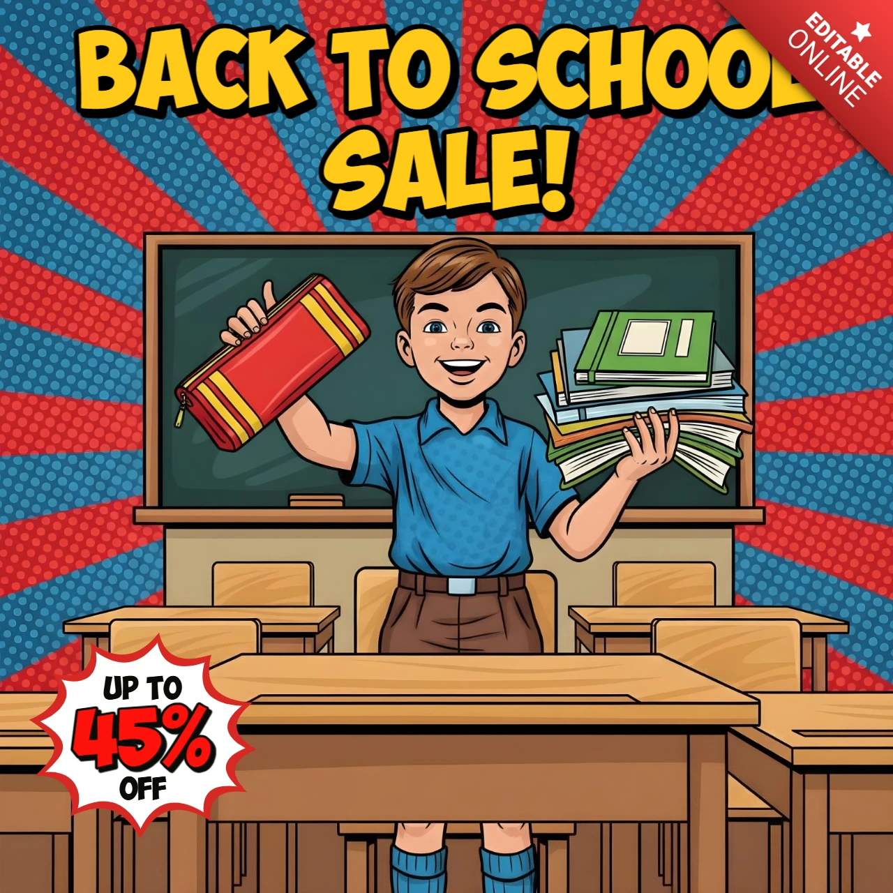 Klassenzimmer Schüler Comic-Stil Zurück zur Schule Verkauf Kunst mit Materialien & Rabatt-Explosion Designvorlage für Werbeflyer