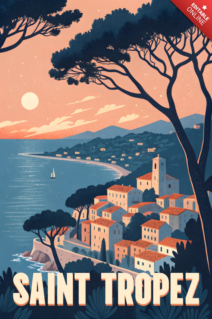 Design del poster di viaggio vintage di Saint Tropez per arte da parete