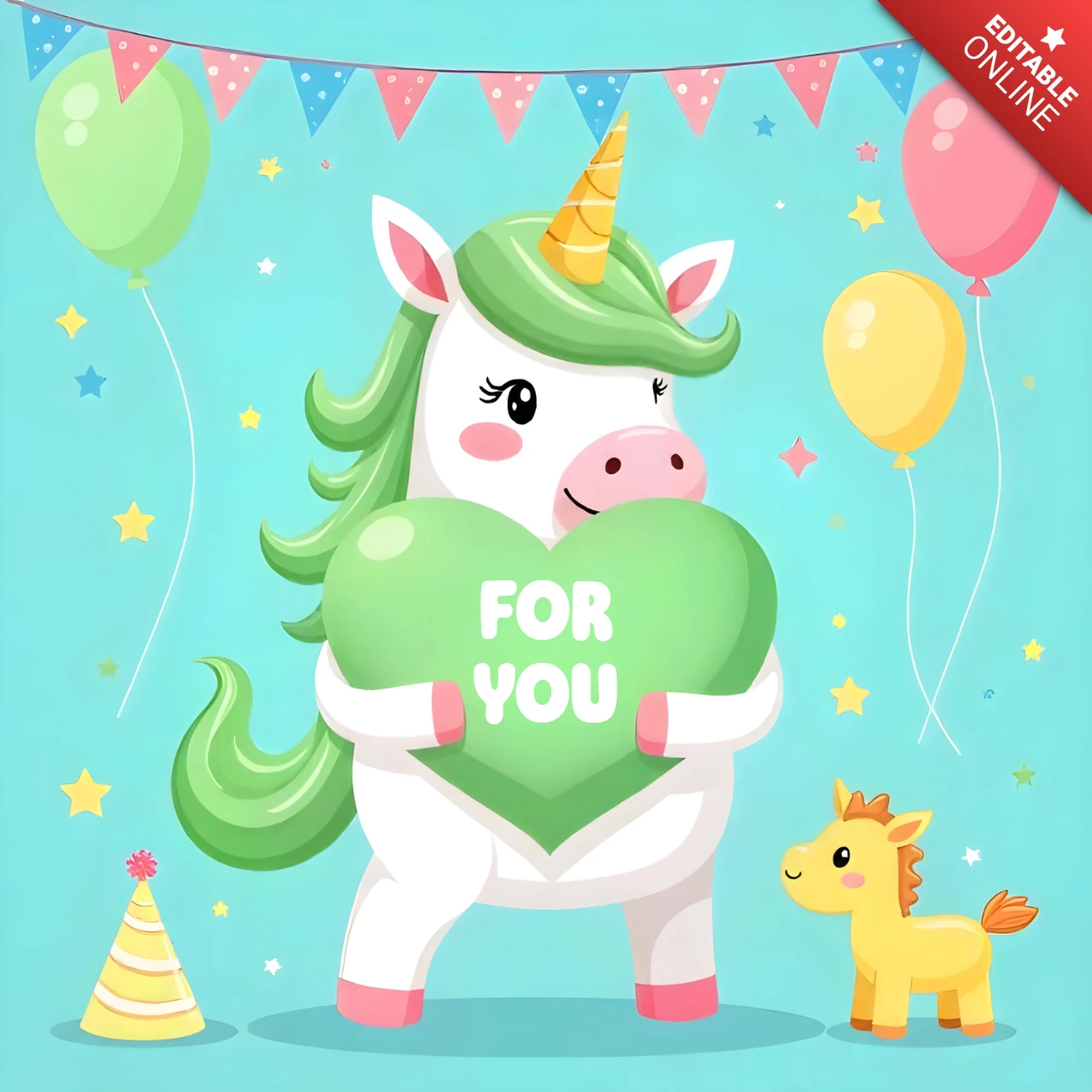 Adorable plantilla de diseño de tarjeta de cumpleaños de unicornio con corazón verde y globos