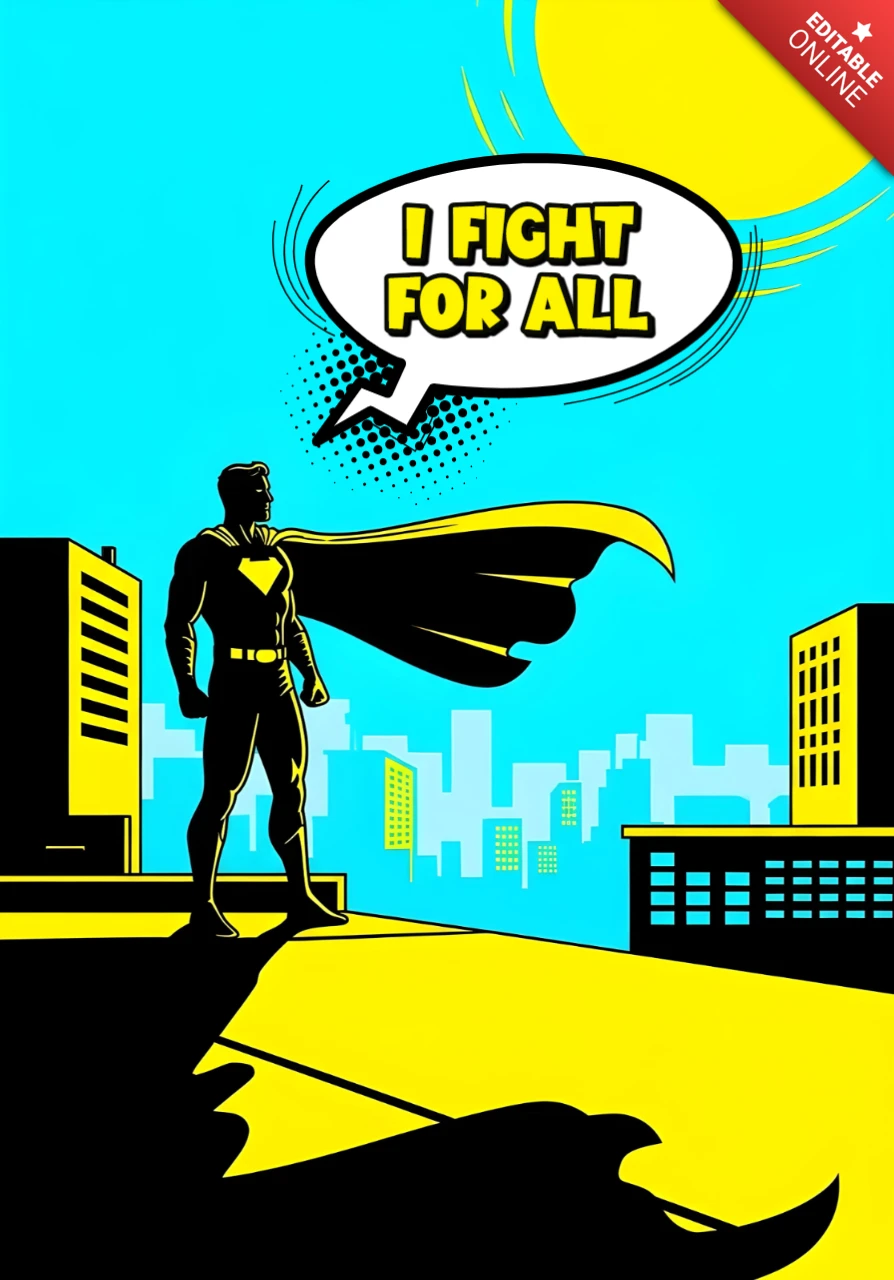 Ich kämpfe für alle Superhelden-Dachsilhouetten mit mutigem Stadtbild und Sonnenposter-Designvorlage.