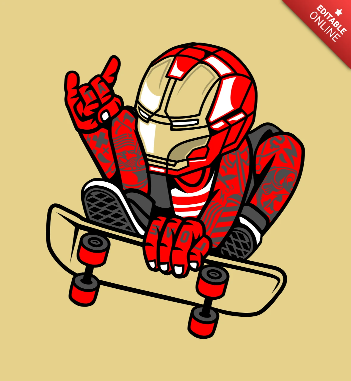 Iron Man Skateboard Cartoon Character T-Shirt Design Template