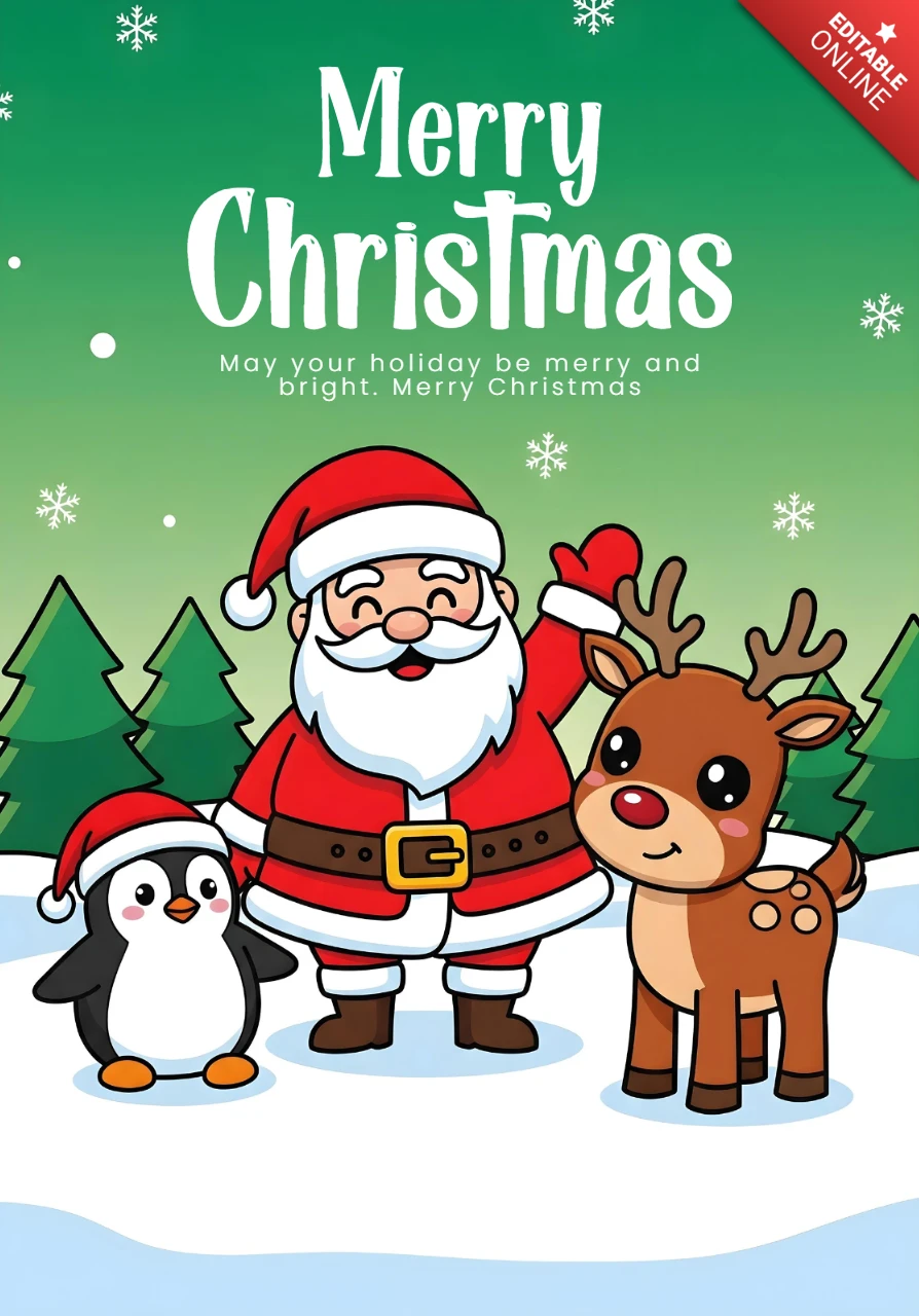 Weihnachtsgruß mit Weihnachtsmann, Rentieren und Pinguin in einer verschneiten Waldszene mit frohen und hellen Wünschen, Plakatdesign-Vorlage.