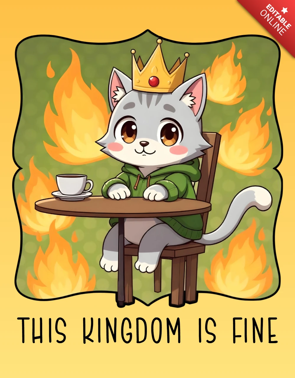 Royal Cat in Fiery Kingdom Cartoon Illustration Template