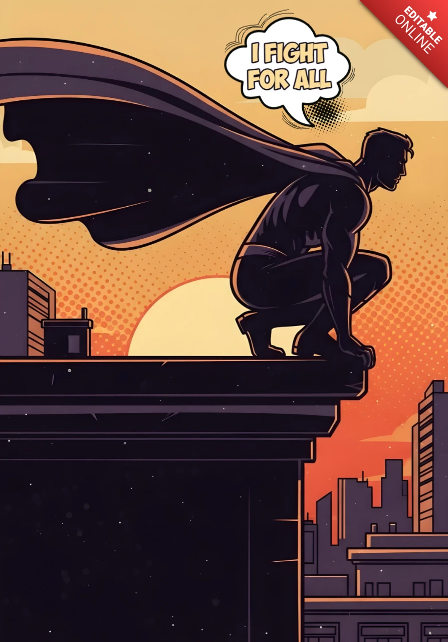 Je me bats pour tous les silhouettes de super-héros sur le toit au coucher du soleil, modèle de design d'affiche.