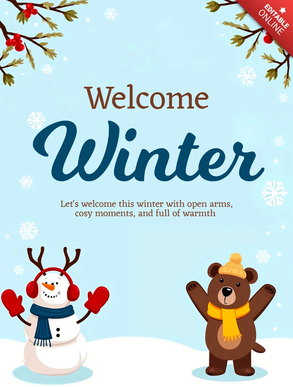 Modello di design invernale per biglietti di auguri con pupazzo di neve e orso