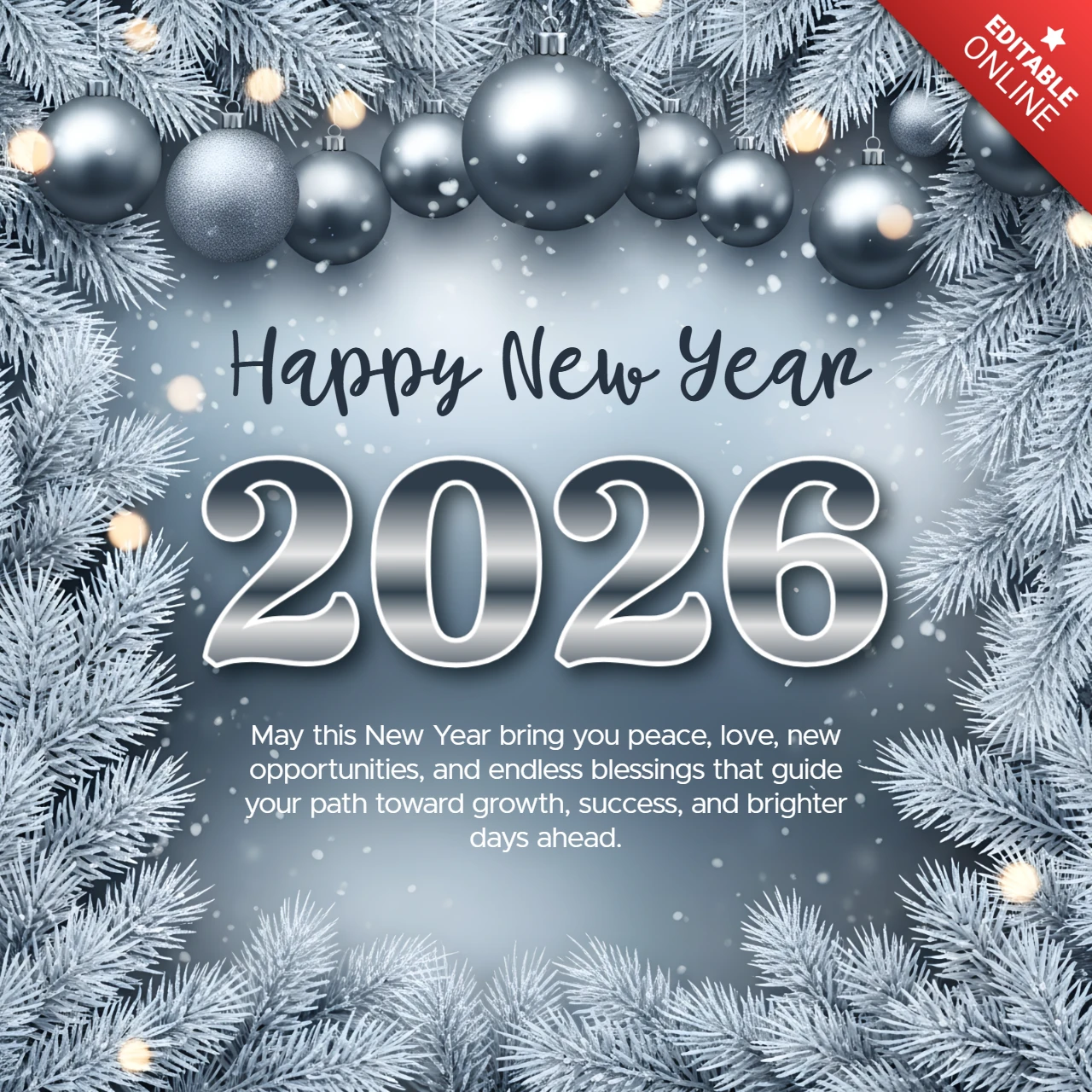Neujahr 2026 Grußkartenvorlage mit silbernen Ornamenten und gefrostetem Tannendesign
