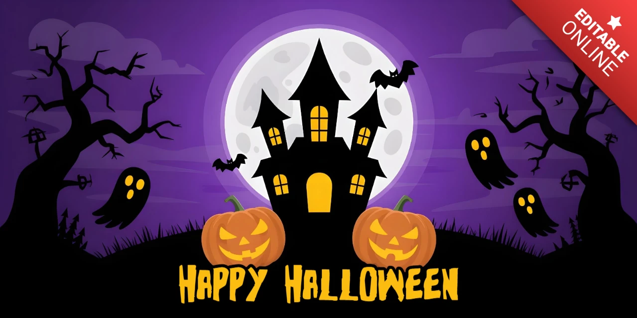 Halloween Graveyard Purple Sky, Haunted Mansion & Creepy Companions Youtube Cover Design Template