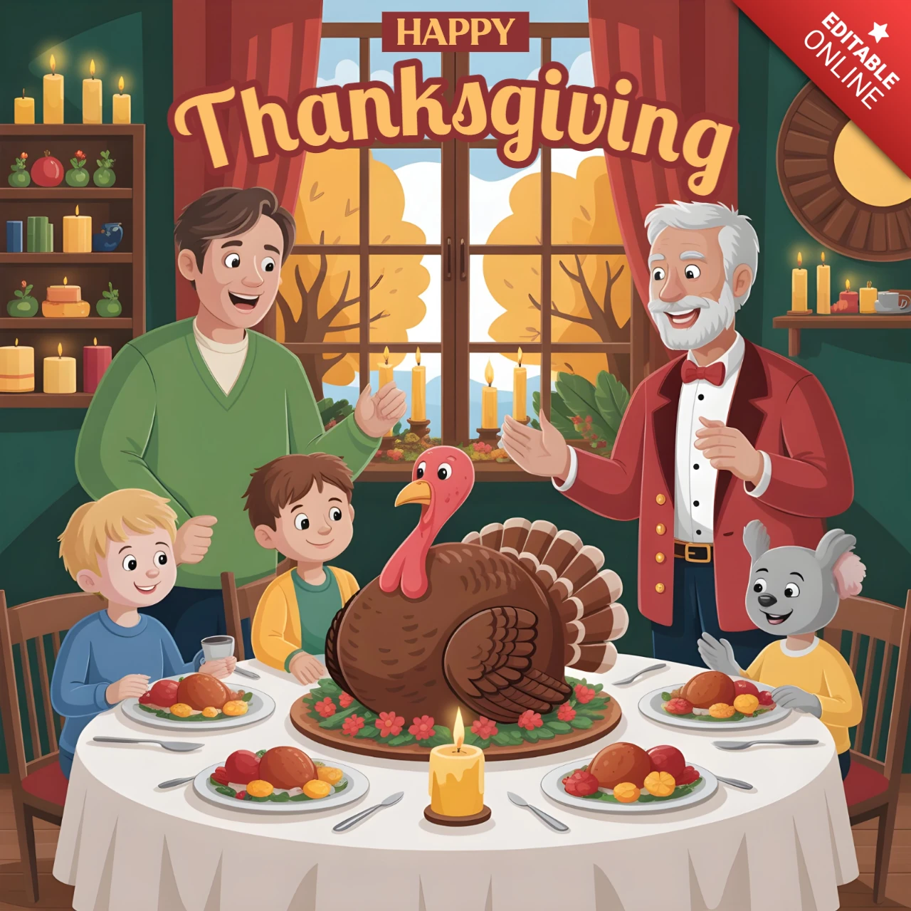 Familienessen-Szene mit gebratenem Truthahn, Kerzen und Herbstbäumen, Gestaltungsvorlage für eine Dankeschön-Kartengrußbanner.