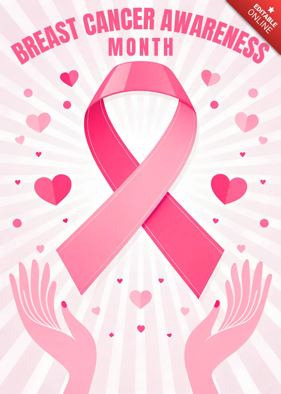 Breast Cancer Awareness Month Design Template with Pink Ribbon and Heart Graphics for Posters
