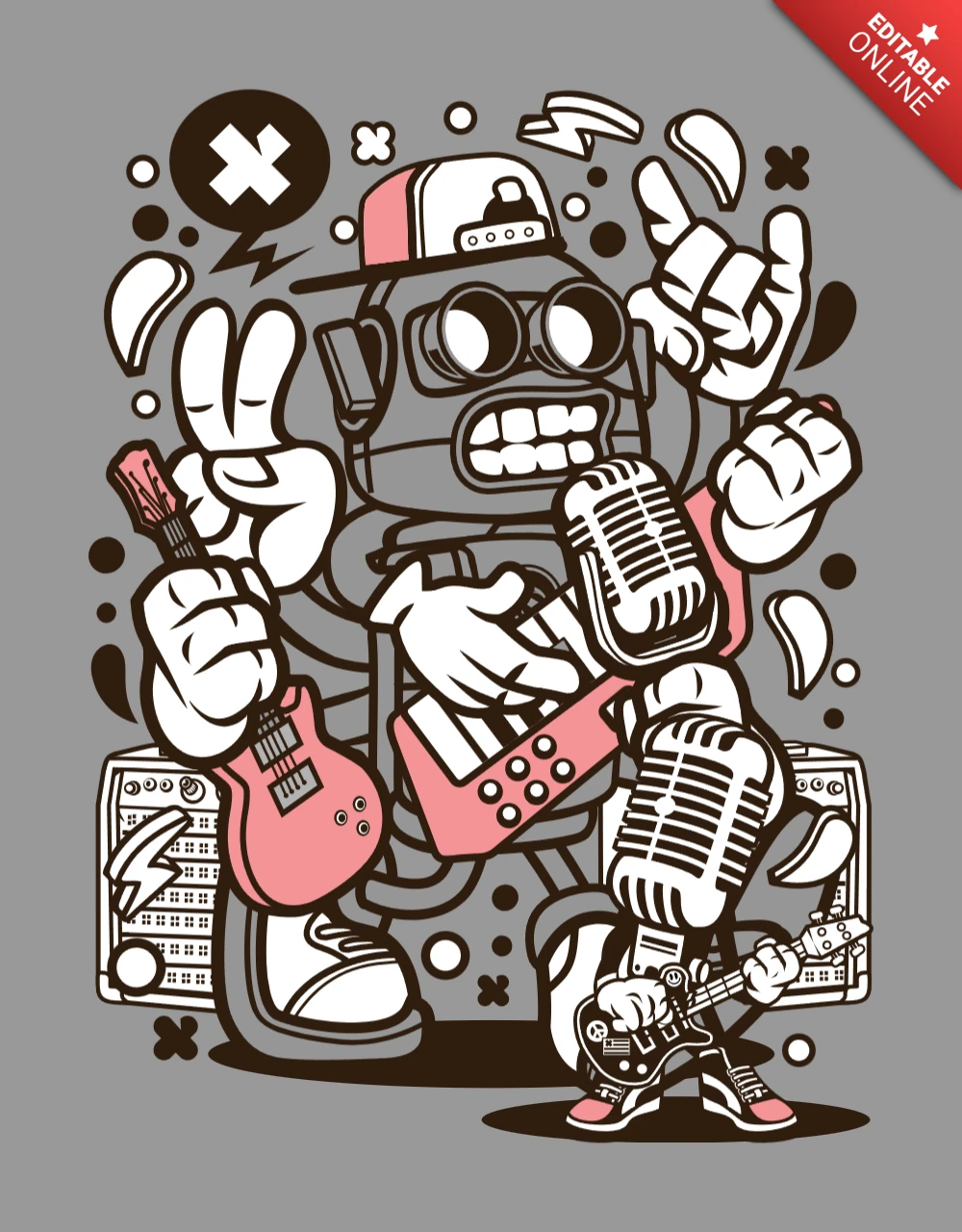 Plantilla de diseño de camiseta con personaje de dibujos animados de robot rockero