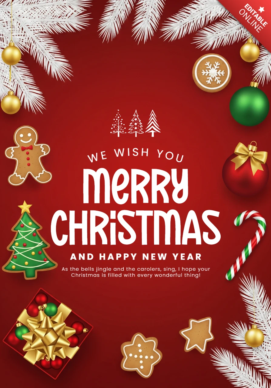 Klassische Weihnachtskarte mit rotem Hintergrund, Feiertagsleckereien und dekorativem Ornamentrahmen
