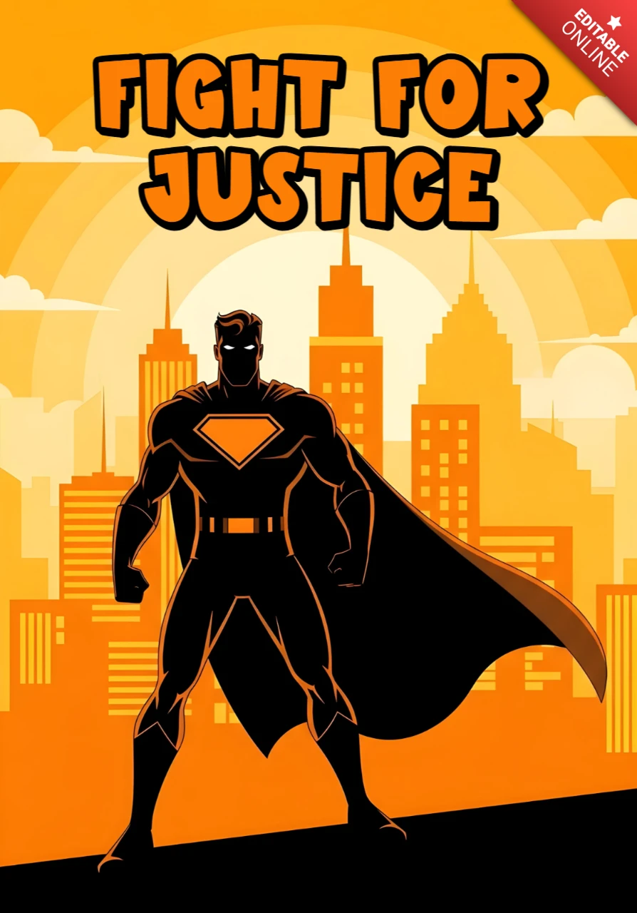 Kämpfe für Gerechtigkeit muskulöser Superheld mit Diamantemblem & Stadtsilhouette Poster-Designvorlage