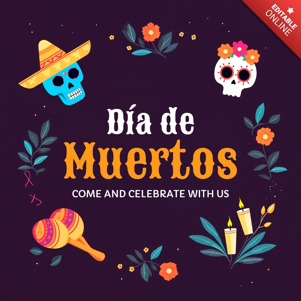 Template per la celebrazione del Dia de Muertos con teschi colorati e design floreale per inviti festivi.