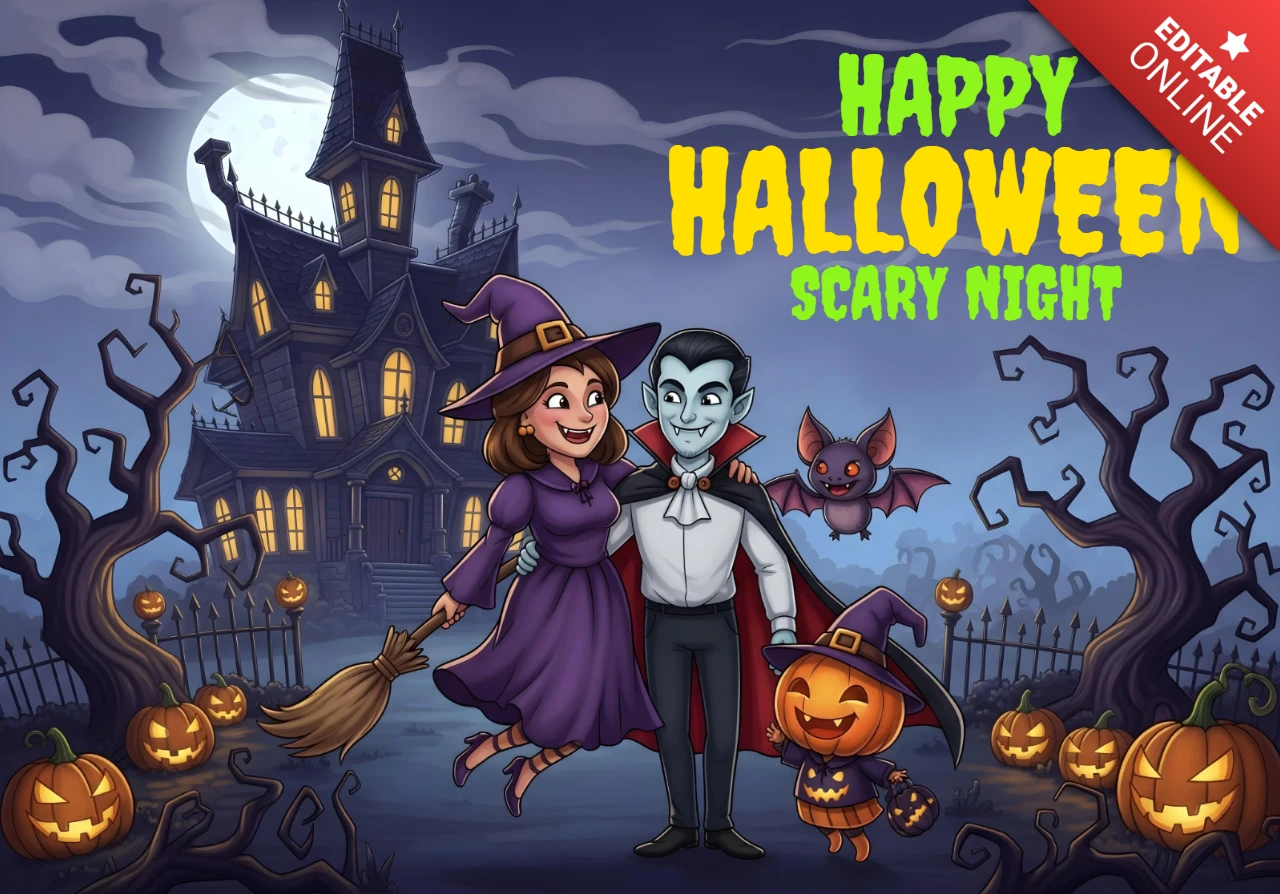 Modèle de flyer pour une nuit d'Halloween effrayante, scène de maison hantée avec un duo de sorcière et de vampire pour la fête.