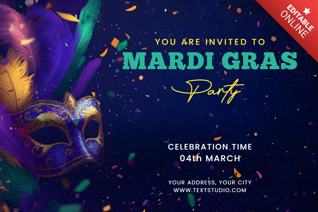 Invitation à la célébration du Mardi gras avec des masques colorés et des confettis