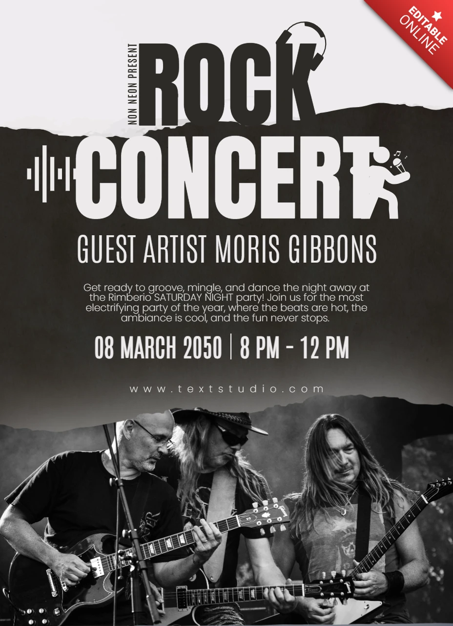 Vintage blanco y negro rock show flyer design template
