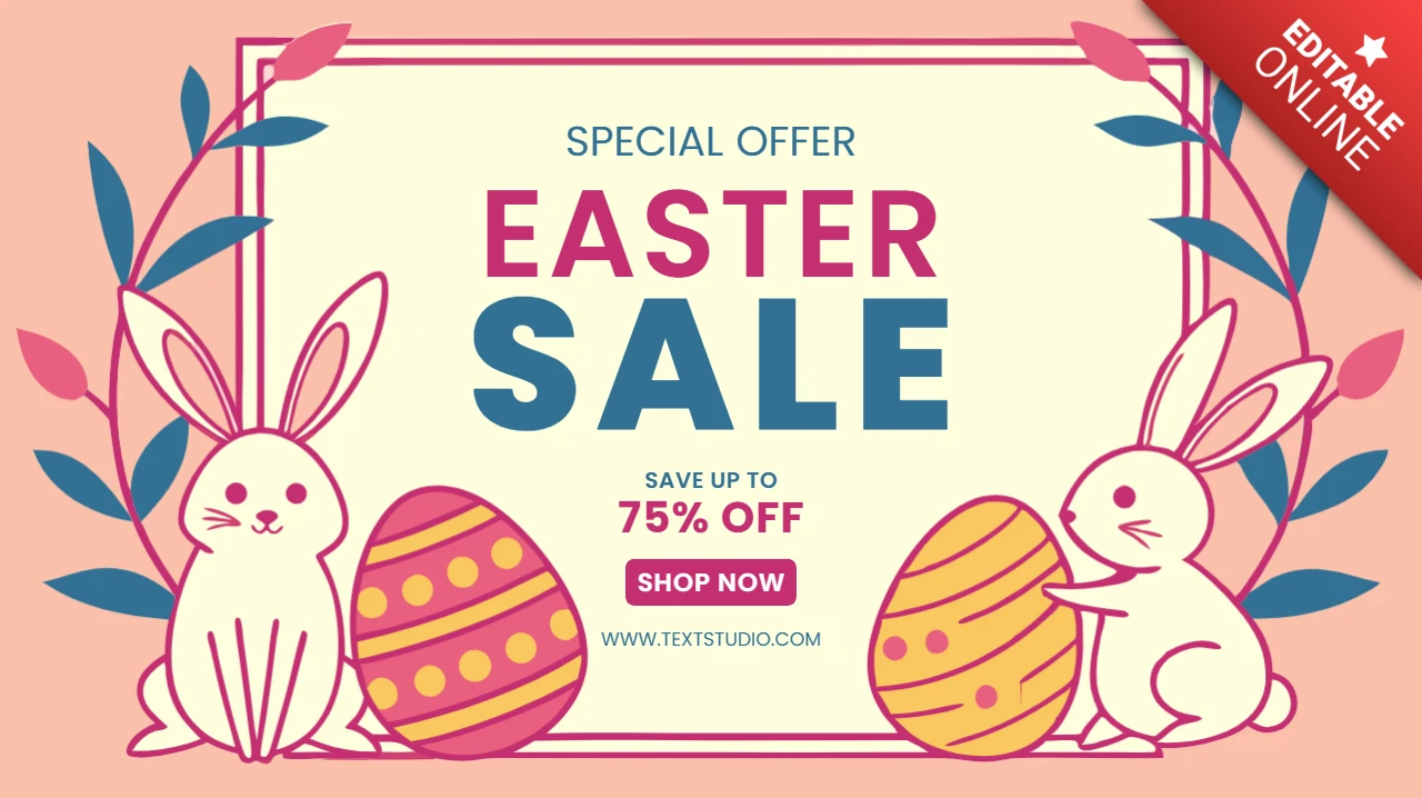 Spring-Themed Easter Sale Design Template with Cute Bunnies and Colorful Eggs