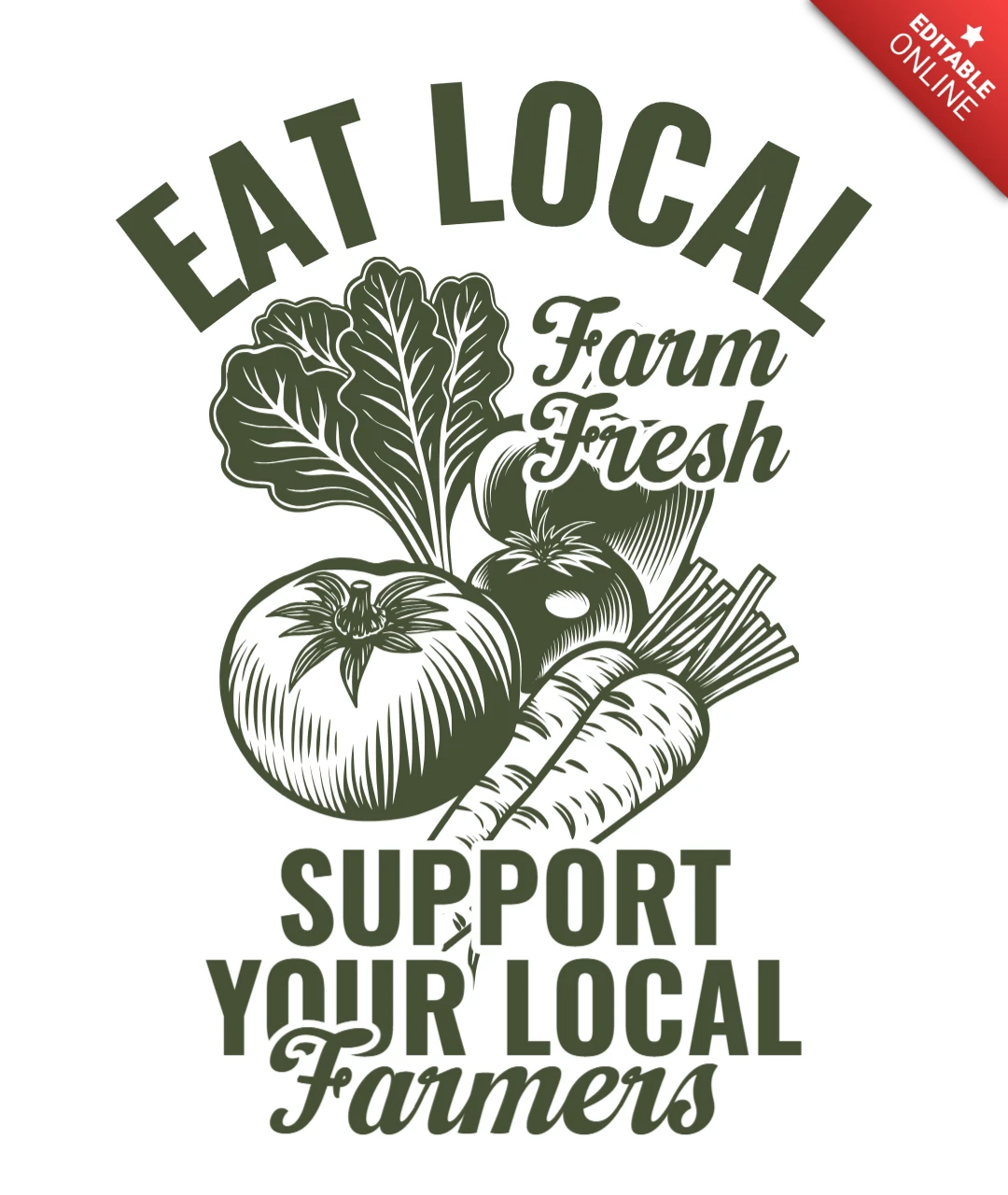 Eet lokaal, steun boeren, verse illustratie van voedselkeuzes, t-shirt ontwerp sjabloon