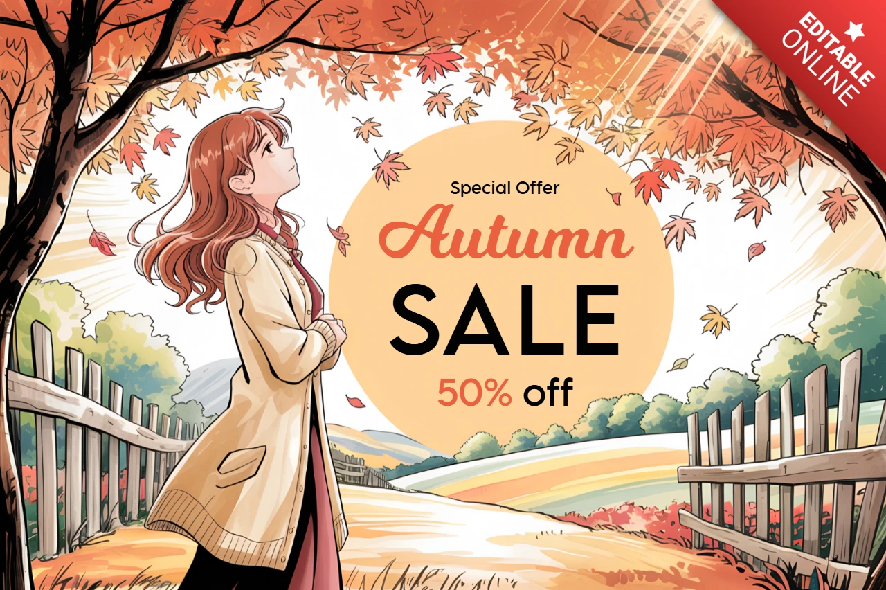 Herbstverkaufsdesignvorlage mit malerischer Landschaft und Charakterillustration für Werbeflyer