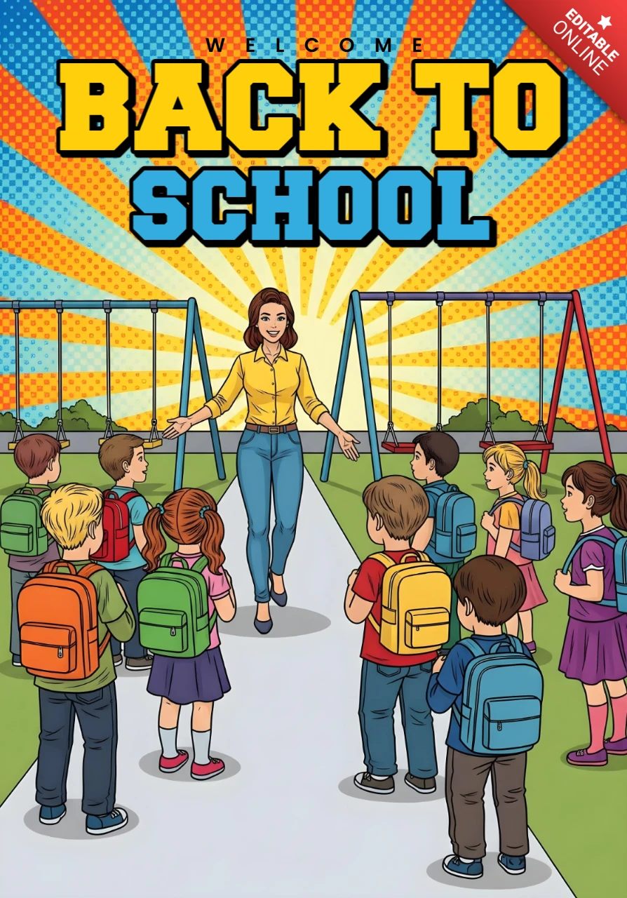 Back to School Teacher Welcoming Students with Backpacks in Playground Setting Poster Design Template