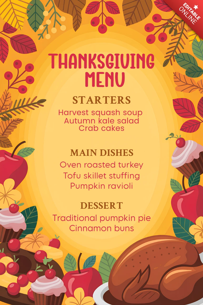 Modèle de design de menu de Thanksgiving avec des feuilles d'automne et des plats festifs pour des flyers