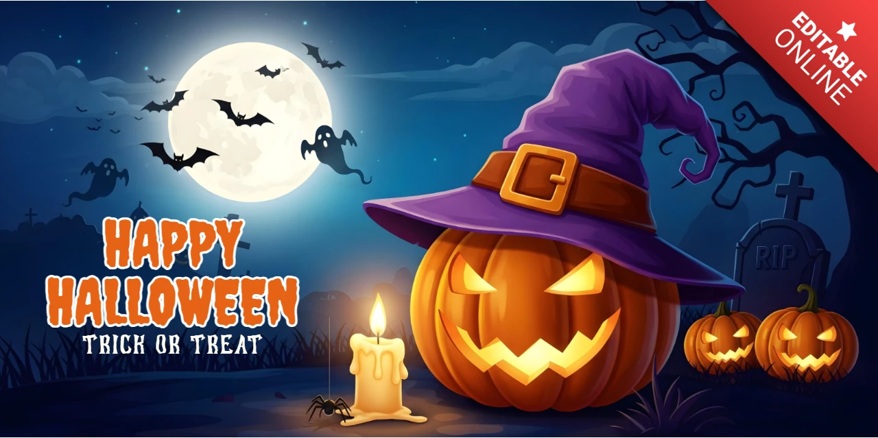 不気味なハロウィンの夜、光るジャック・オー・ランタン、墓石の破片、飛ぶコウモリのFacebookカバーデザインテンプレート