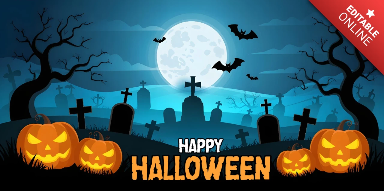 Modèle de couverture YouTube pour Halloween avec des citrouilles lumineuses, des chauves-souris volantes et une scène de pleine lune dans un cimetière.